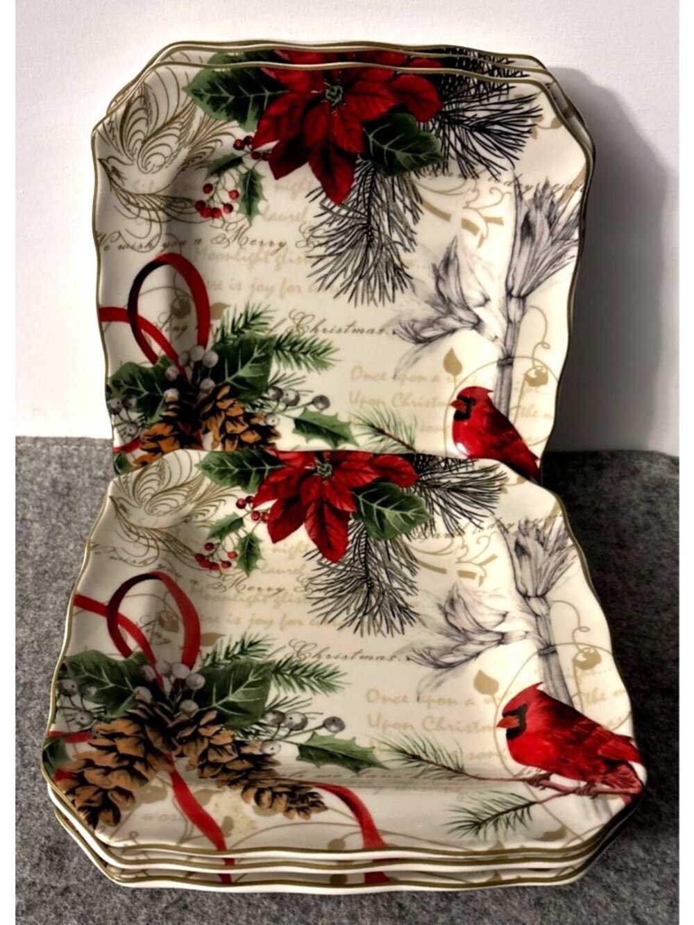 6- 222 Fifth Square Holiday Wishes Salad Plates w/ Cardinals  # 3397
